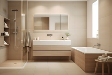 The bathroom is in a modern style in beige and calm shades. Consistent design, simplicity, minimalism, calm mood