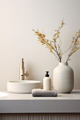 Stylish bathroom interior, and elegant personal accessories. Home decor. Interior design, minimalism, calm tone