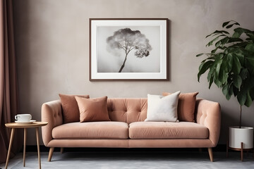 Stylish interior with sofa, map, plants, and elegant personal accessories. Home decor. Interior design, minimalism, modern mood