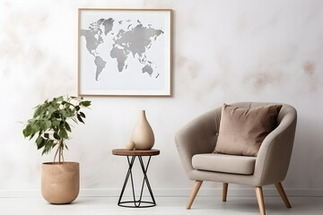 Stylish interior with sofa, map, plants, and elegant personal accessories. Home decor. Interior design, minimalism, modern mood
