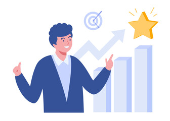 sales agent, growing business, startup, result, analytic graph, target, vector banner for landing page website