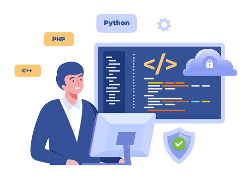 Web development. programming languages. css, html, it, ui. programmer cartoon character developing website, coding. flat illustration banner for website