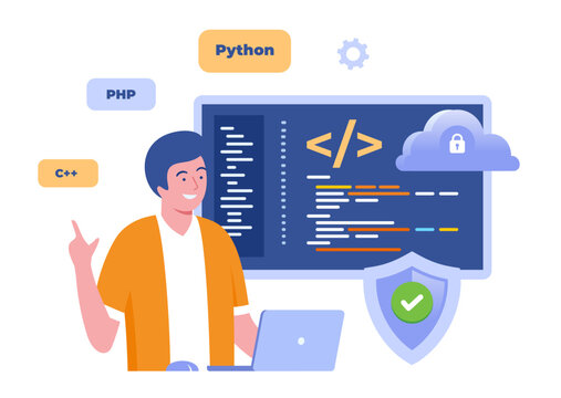 Web development. programming languages. css, html, it, ui. programmer cartoon character developing website, coding. flat illustration banner for website
