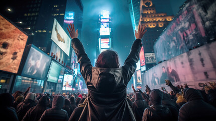 A girl with her arms towards the sky,  stands in the crowd of people celebrating New Year's Eve in...