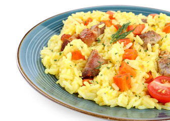 Delicious pilaf with meat isolated on white
