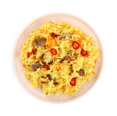 Delicious pilaf with meat isolated on white, top view