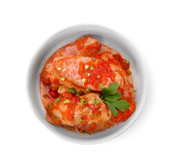Bowl of delicious stuffed cabbage rolls cooked with homemade tomato sauce isolated on white, top view