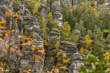 Landscape impression of saxony switzerland around the bastei bridge near dresden in saxony, germany, in autumn