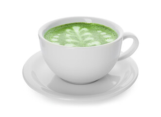 Delicious matcha latte in cup on white background