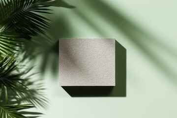3D background, stone display flat lay podium on natural pastel green backdrop and palm shadow. Product promotion Beauty cosmetic tropical showcase. generative ai.