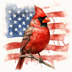 American Northern Cardinal in Watercolor Flag