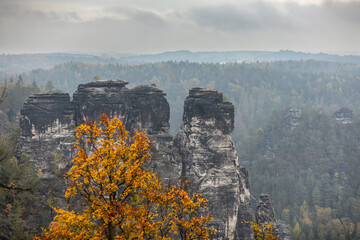 Landscape impression of saxony switzerland around the bastei bridge near dresden in saxony,...