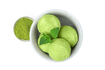 Tasty matcha ice cream and powder isolated on white, top view