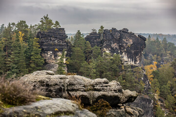 Landscape impression of saxony switzerland around the bastei bridge near dresden in saxony,...