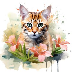 Cat among watercolor lilies frame clipart