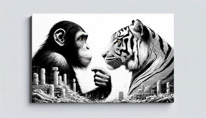 A minimalist artwork capturing a moment of connection between an ape and a tiger - Generative AI