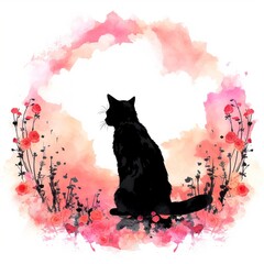 Cat silhouette among watercolor roses frame borders clipart
