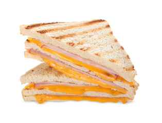 Delicious grilled sandwiches with ham and cheese isolated on white