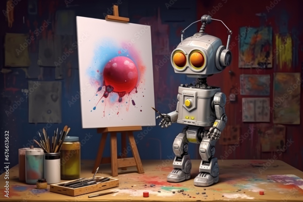 Poster concept of generative ai art technology, robot painting picture in studio. comeliness