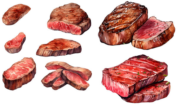 Steak watercolor illustration clipart. Generative AI