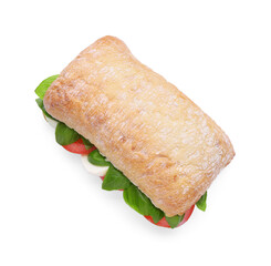 Delicious Caprese sandwich with mozzarella, tomatoes and basil isolated on white, top view