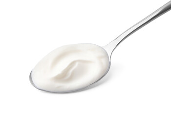 Spoon with delicious sour cream isolated on white