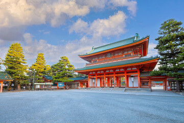 Kyoto, Japan - April 2 2023: Heian Shrine built on the occasion of 1100th anniversary of the capital's foundation in Kyoto, dedicated to the spirits of the first and last emperors who reigned the city