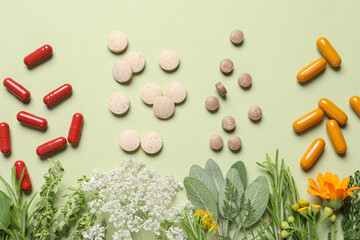 Different pills, herbs and flowers on light green background, flat lay. Dietary supplements