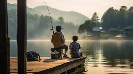 Kids sitting on a dock and fishing at a quiet lake  - obrazy, fototapety, plakaty