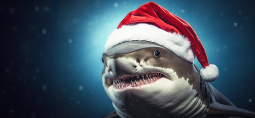 Jaws of Joy: Festive Shark in a Red Santa Hat, Spreading Christmas Cheer with Boss-level Cuteness in a Winter Wonderland.