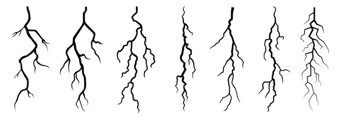 Vector lightning silhouettes set. Elements for thunderstorm. vector illustration. - obrazy, fototapety, plakaty