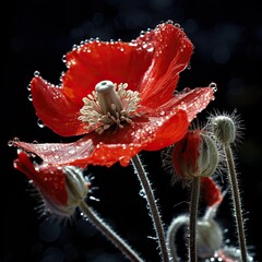 Icy snow crystals on red poppy