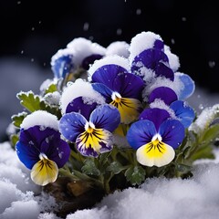 Macro shot of snow-covered pansies