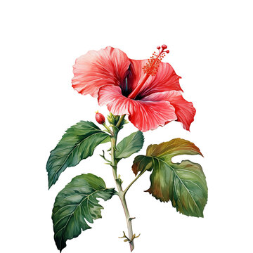 Hibiscus or Rose of Sharon branch with red flower on transparent background