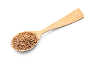 Spoon of aromatic caraway (Persian cumin) seeds isolated on white