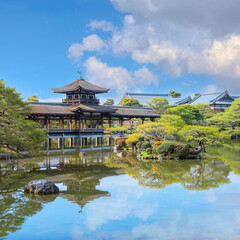 Kyoto, Japan - April 2 2023: Heian Jingu Garden is a garden with a variety of plants, ponds and buildings and weeping cherry trees, making it's one of the best cherry blossom spots in Kyoto
