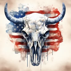 Poster Watercolor Bison Skull  with the American Flag © Man888