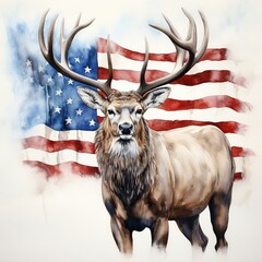 Watercolor Caribou and American Flag