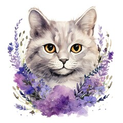 Watercolor cat and lavender wreath clipart