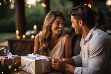 A man gives his girlfriend a Christmas present. Generative AI. - obrazy, fototapety, plakaty