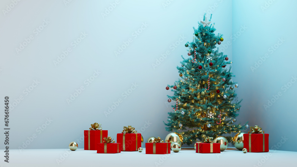 Poster christmas trees and gift boxes in a solid color background, 3d rendering