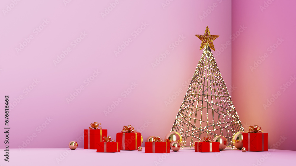 Poster christmas trees and gift boxes in a solid color background, 3d rendering