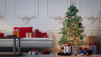 Christmas tree decorating living room background, 3d rendering