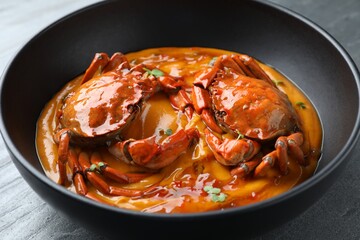 Delicious boiled crabs with sauce in bowl on grey table, closeup