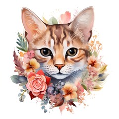 Watercolor cat with floral crown and orchids frame clipart