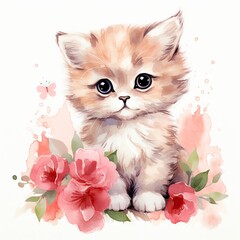 Watercolor kitten and rustic carnations clipart