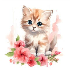 Watercolor kitten and rustic carnations clipart