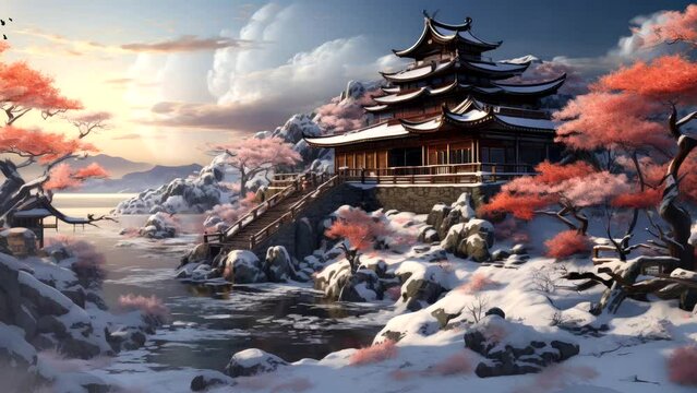 Chinese temple in winter. Seamless looping 4K time lapse video footage
