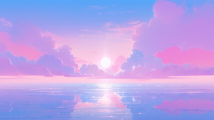 Clouds and seascape illustration in beautiful purple and pink tones. Sunrise in ocean, nature landscape background.