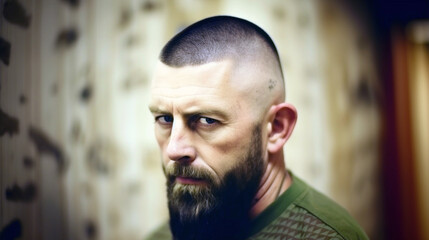 Fototapeta premium Contemplative soldier: man in green shirt
